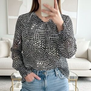 MARC CAIN Navy & White Abstract Sheer Chiffon Blouse